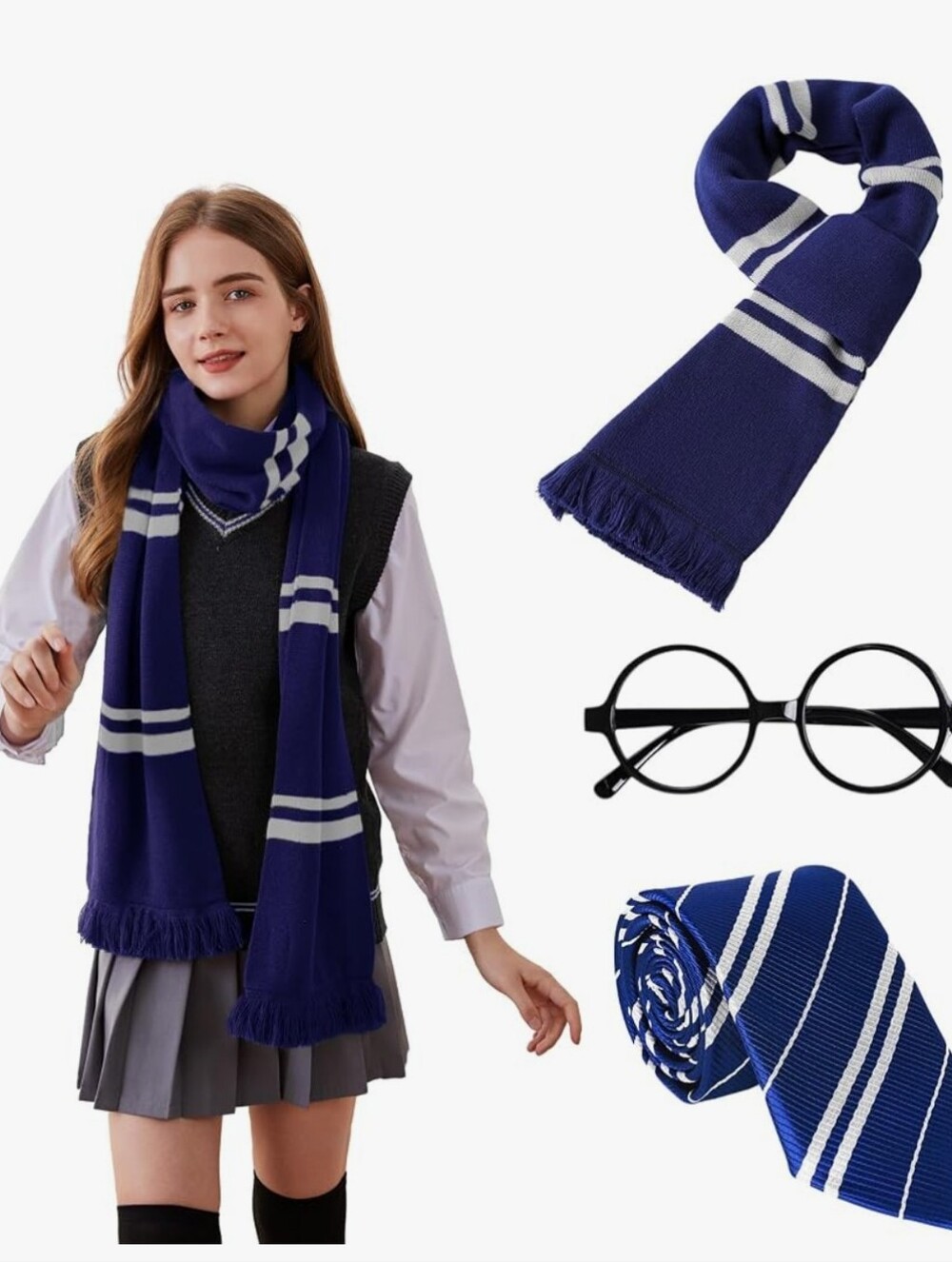 Navy Blue Wizard Striped Kids Costume Scarf 3 Piece Set. Scarf Tie & Glasses